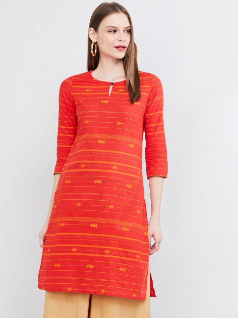 max Women Coral Red & Yellow Striped Straight Kurti