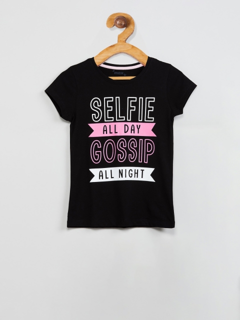 max Girls Black Printed Round Neck T-shirt