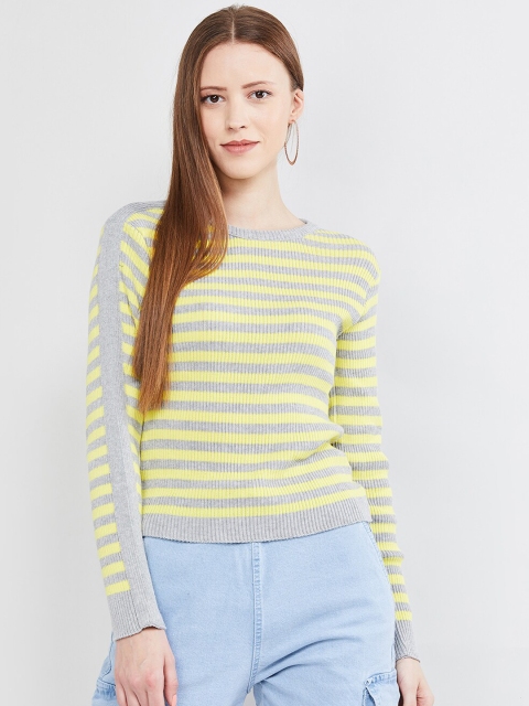 max Women Yellow & Grey Striped Round Neck T-shirt