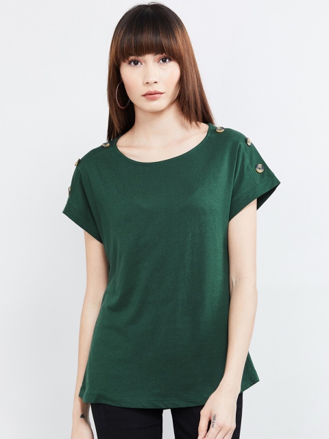 max Women Green Solid Round Neck T-shirt