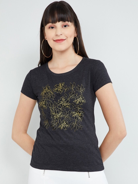 max Women Black Printed Round Neck T-shirt