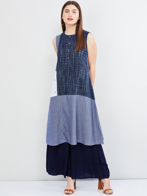 max Women Navy Blue Colourblocked A-Line Kurta