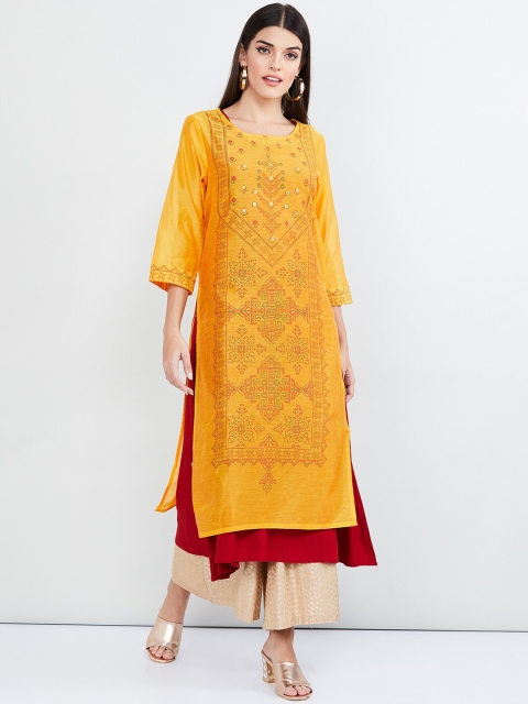 max Women Mustard Yellow & Red Embroidered Straight Kurta