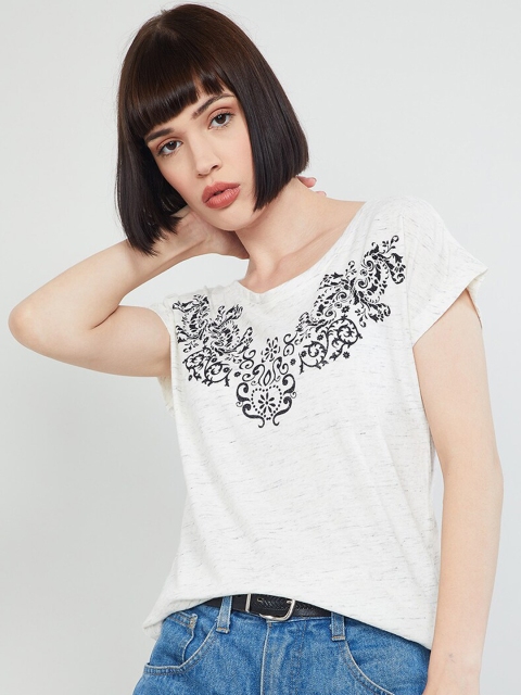 max Women White Printed Round Neck T-shirt