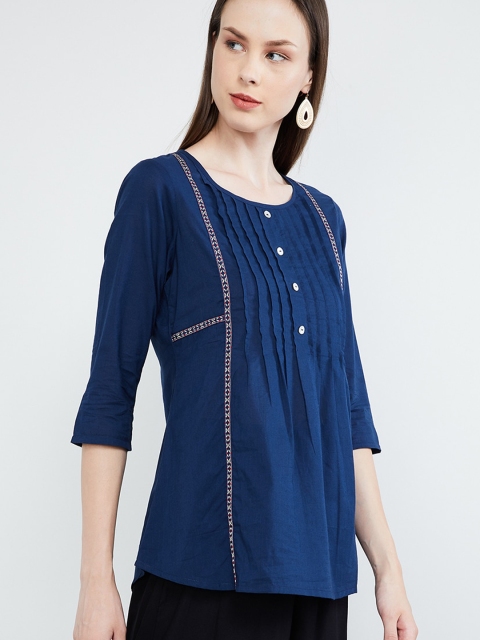 max Women Blue and White Embroidered A-line Kurti, Navy blue