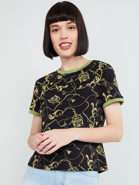 max Women Black Printed Round Neck T-shirt