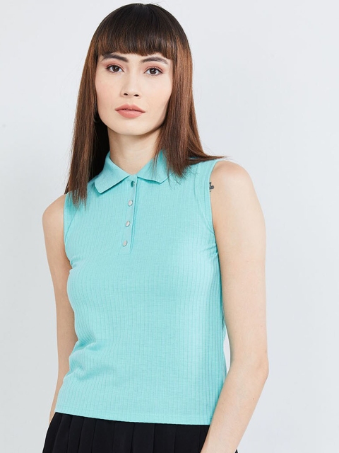 max Women Turquoise Blue Solid Polo Collar T-shirt