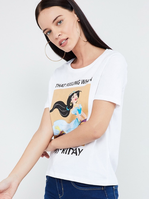 max Women White & Beige Jasmine Printed Round Neck T-shirt