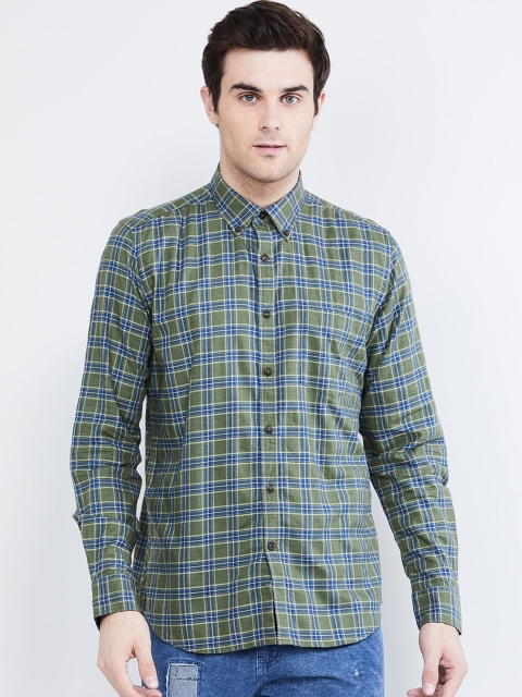 max Men Green & Blue Regular Fit Checked Casual Shirt
