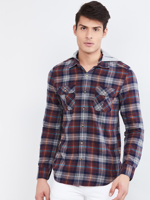 max Men Brown & Navy Blue Regular Fit Checked Hooded Casual Shirt