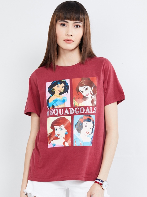 max Women Maroon Printed Round Neck T-shirt