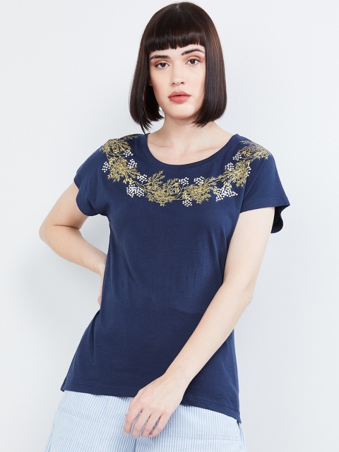 max Women Navy Blue Printed Round Neck T-shirt