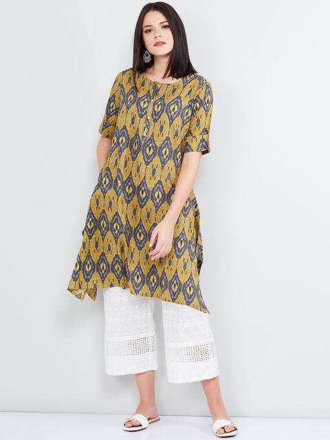 max Women Mustard Yellow & Grey Printed A-Line Kurta