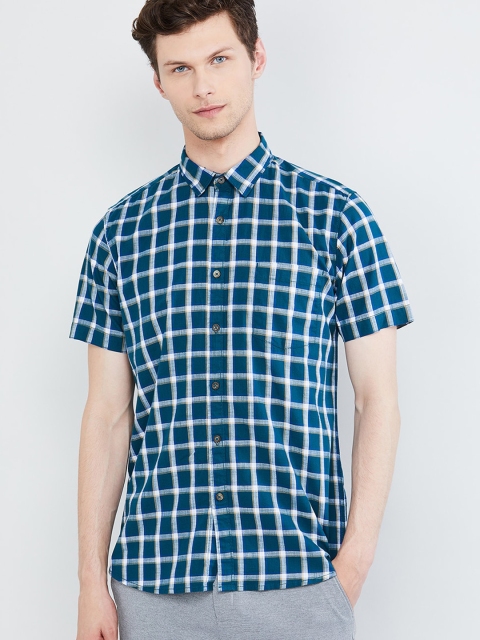 max Men Teal Blue & White Regular Fit Checked Casual Shirt