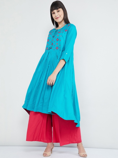 max Women Turquoise Blue & Pink Embroidered A-Line Kurta
