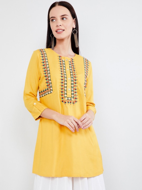 max Women Mustard Yellow & White Embroidered Straight Kurti