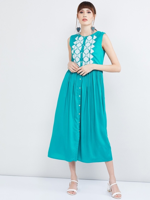 max Women Turquoise Blue Embroidered A-Line Dress