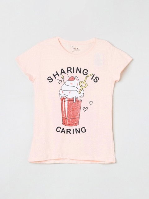 max Girls Peach-Coloured Printed Round Neck T-shirt