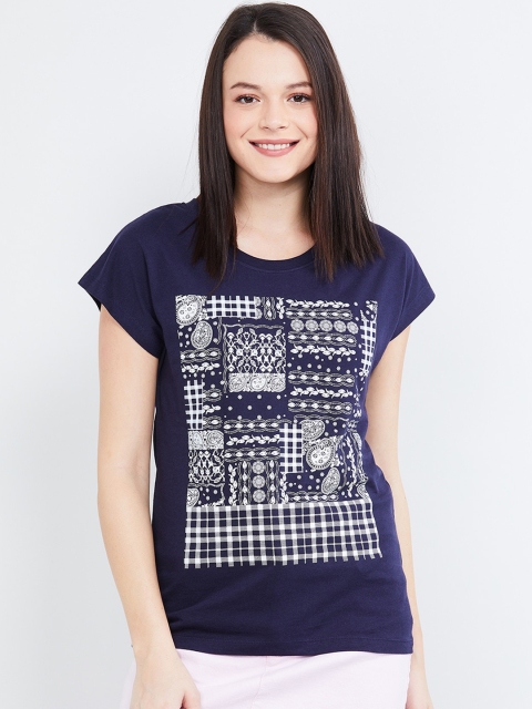 max Women Navy Blue Printed Round Neck T-shirt