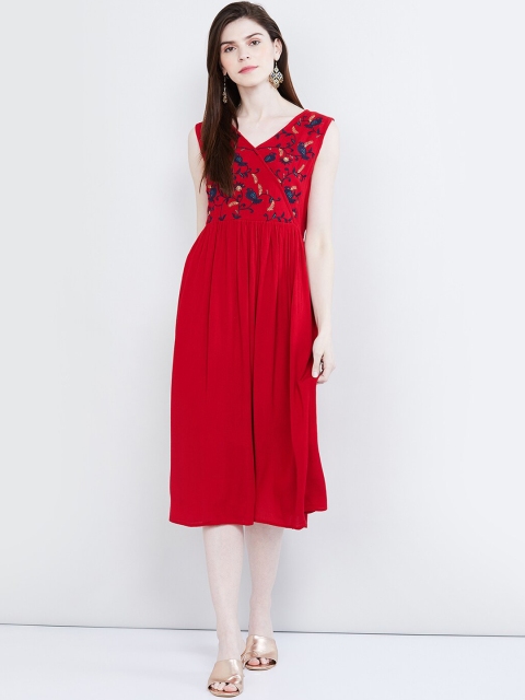 max Women Red Embroidered Wrap Dress