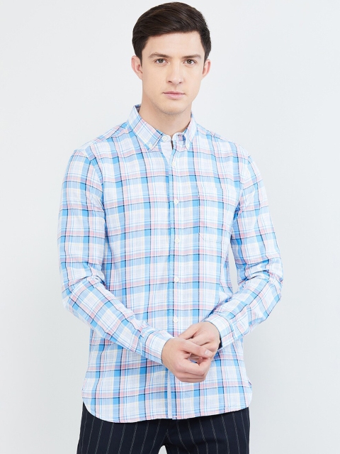 max Men Blue & Pink Slim Fit Checked Casual Shirt