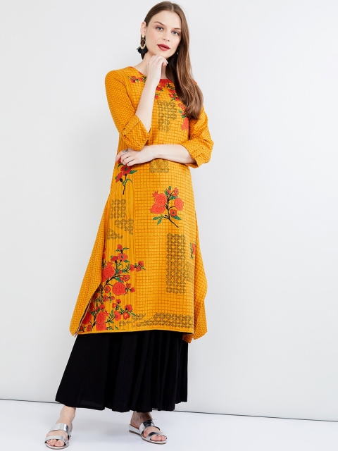 max Women Mustard Yellow Printed Straight Kurta