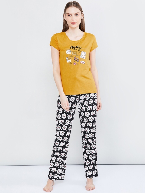 max Women Mustard Yellow & Black Printed Night suit