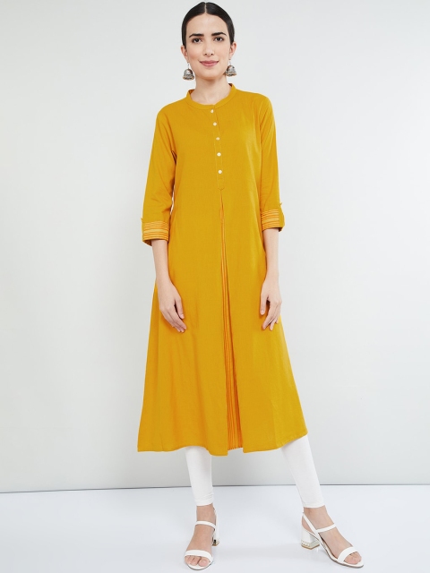 max Women Mustard Yellow Solid A-Line Layered Kurta