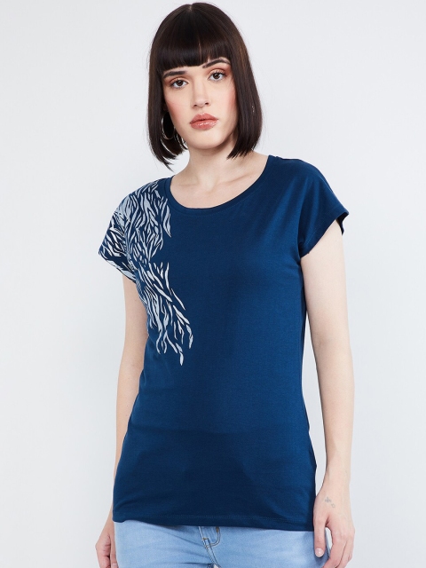 max Women Blue Printed Round Neck T-shirt