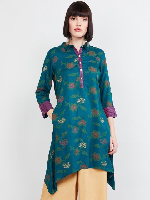 max Women Blue & Green Floral Print A-line Kurti