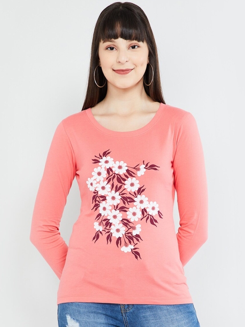 max Women Peach-Coloured Printed Round Neck T-shirt
