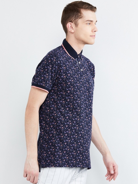 max Men Navy Blue Printed Polo Collar T-shirt