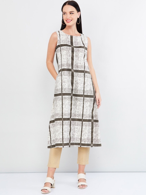 max Women Cream-Coloured & Brown Checked A-Line Kurta