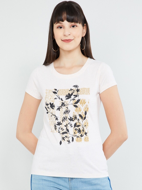 max Women Off-White Printed Round Neck T-shirt
