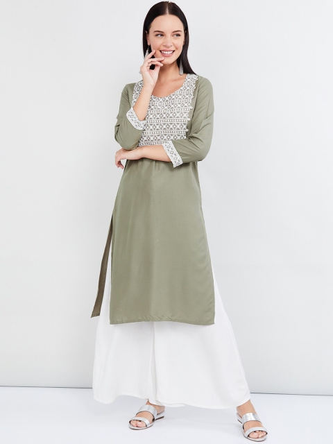 max Women Green & Off-White Embroidered Straight Kurta