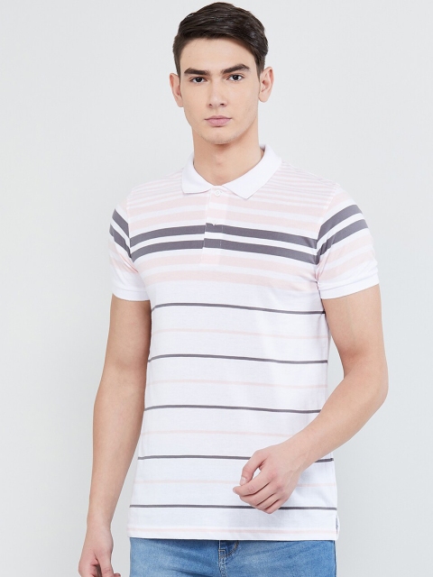 max Men White & Grey Striped Polo Collar T-shirt