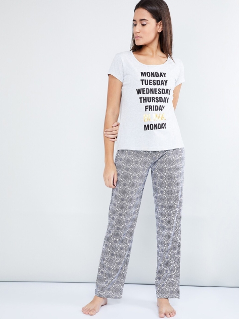 max Women Grey & White Printed Night Suit