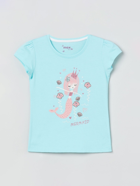 max Girls Blue Printed Knitted Pure Cotton Top