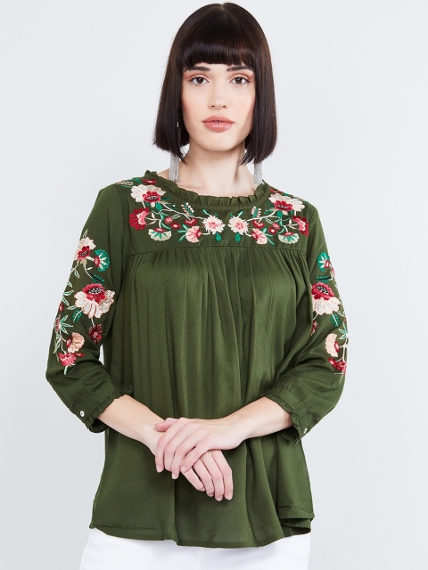 max Women Olive Green Embroidered Top
