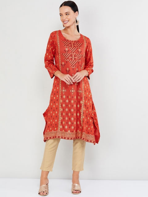 max Women Orange & Red Printed A-Line Kurta