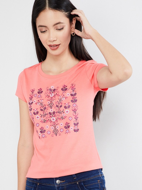 max Women Peach-Coloured Printed Round Neck T-shirt