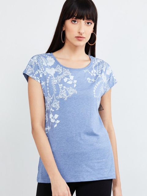 max Women Blue Printed Round Neck T-shirt