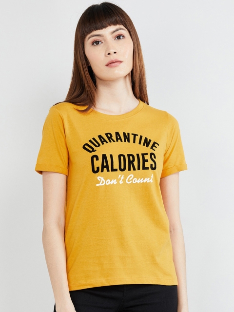 max Women Mustard Yellow Printed Round Neck T-shirt