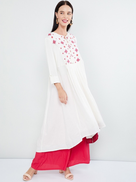 max Women Off-White & Pink Floral Embroidered A-Line Kurta