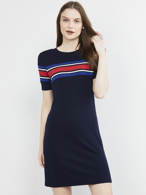 max Women Navy Blue Striped T-shirt Dress
