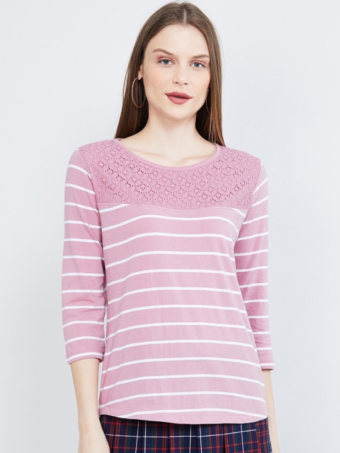 max Women Pink & Off-White Striped Round Neck T-shirt