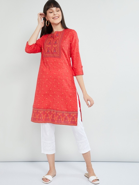 max Women Orange & Yellow Printed Straight Kurti