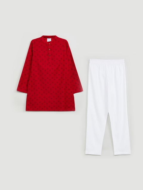 max Boys Red & White Self Design Kurta with Trousers