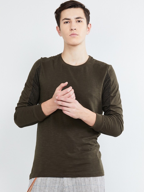 max Men Olive Green Solid Round Neck T-shirt