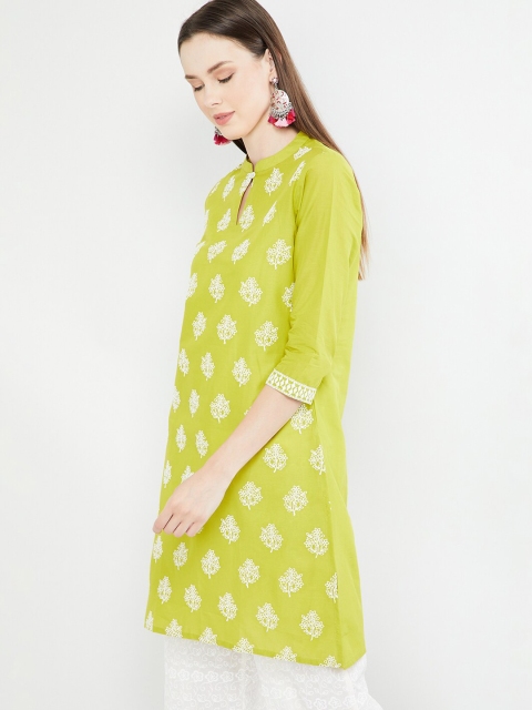 max Women Lime Green & White Embroidered Straight Kurti